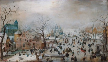  Cena Arte - Una escena en el hielo cerca de un paisaje invernal de la ciudad Hendrick Avercamp